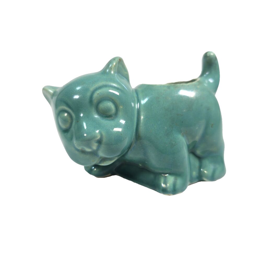 Vintage Turquoise Cat Planter Ceramic Kitty Cachepot Art Pottery 5" Long